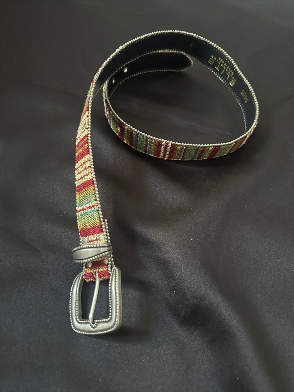 Vintage Elite Accessories Multicolor Woven Belt Leather Trim Silver Tone S